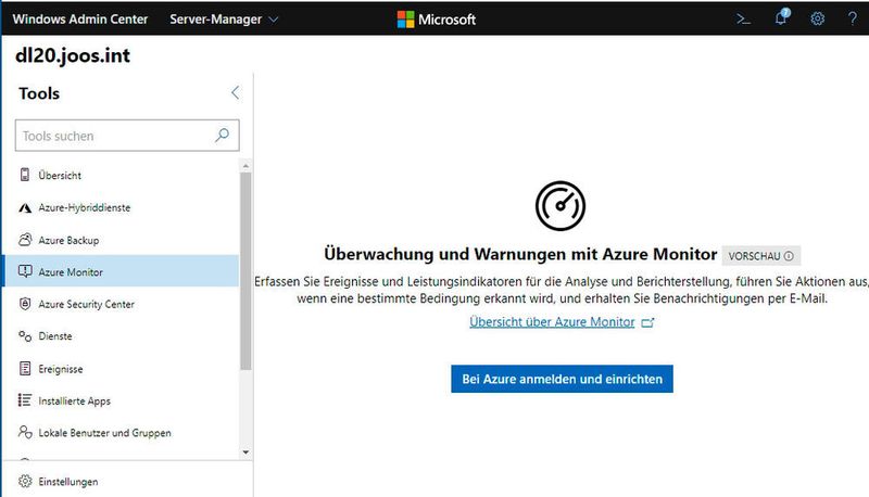 „Azure Monitor“ kann über das „Windows Admin Center“ konfiguriert werden. Dadurch lassen sich auch Windows-Cluster in hyperkonvergenten Umgebungen überwachen. (Thomas Joos / Microsoft)