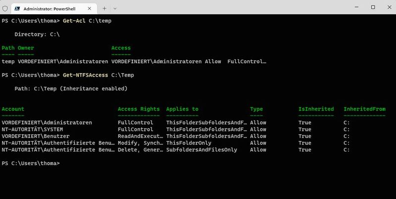 Auslesen von Berechtigungen mit Get-Acl und Get-NTFSAccess. (Bild: Joos)