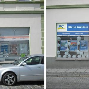 Der Markenname als Wiedererkennungsmerkmal für den Kunden. Hier die Außenfassade des PC-Spezialist Hoyerswerda: links vor dem Beitritt, rechts danach.