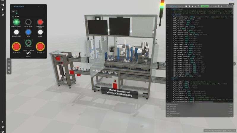 Die Laserschweiß-Montagestation in Realvirtual: Das Maschinenmodell, der SPS-Editor mit Structured-Text-Programm und das Bedienpanel sind gemeinsam im Browser geöffnet.(Bild:  Realvirtual)