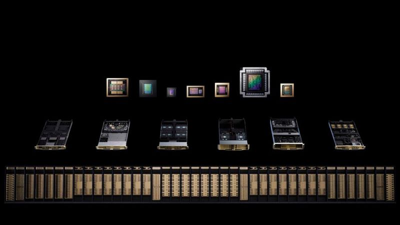 Alles für die KI-Factory: Aus inzwischen 40 Racks besteht der Vera-Rubin-Pod, den der Nvidia-CEO Jensen Huang auf der Nvidia-Hausmesse GTC in Santa Clara vorgestellt hat. Dabei hat der Hersteller inzwischen sieben verschiedene Prozessortypen für unterschiedliche Aufgaben im Einsatz.(Bild:  Nvidia)