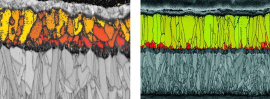Bild 3: Links sieht man das zufällig angeordnete Kristallgefüge (rötlich), das sich bei einer konventionellen CVD-Aluminiumoxidbeschichtung auf dem WSP-Substrat ausbildet. Wendet man die Inveio-Technologie von Sandvik Coromant an, wachsen alle Kristalle in die selbe Richtung und verdicken sich zur Oberfläche hin (grünlich).(Bild:  Sandvik Coromant)