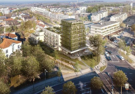 Vogelperspektive der neuen Seniorenwohnanlage Senior & Livingzwischen Augsburger Straße und Bürgermeister-Zauner-Ring.(Bild:  HP&P Gruppe)