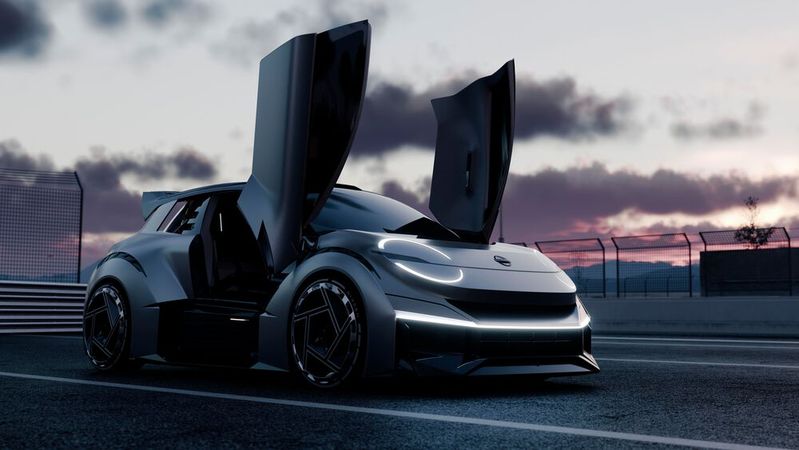 Zum Jubiläum des Nissan Design Center Europe zeigen die Japaner einen Elektro-Sportler mit Flügeltüren.(Bild:  Nissan)