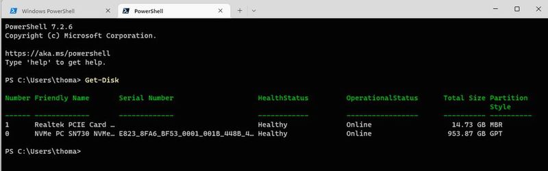 Anzeigen der Laufwerke in einem PC mit der PowerShell mit dem Cmdlet „Get-Disk“. (Bild: Joos (Screenshot))