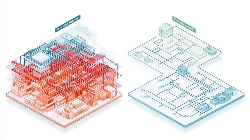 Der parallele Betrieb von IPv4 und IPv6 erhöht die Komplexität moderner Netzwerke erheblich. IPv6-only-Architekturen versprechen dagegen klarere Strukturen – setzen jedoch konsequente Migrationsstrategien voraus.(Bild:  Midjourney / KI-generiert)