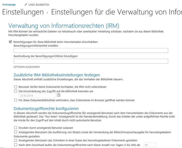 Abb 7.: In den Einstellungen von Bibliotheken können Administratoren auch die Rechteverwaltung von Windows Azure aktivieren und passende Regeln für sichere Bibliotheken erstellen. (Bild: Microsoft)