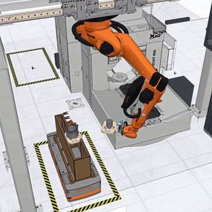 An einem Portal vor einem Specht-600-Bearbeitungszentrum hängt dabei über Kopf ein 6-Achs-Kuka-Roboter des Typs Quantec. Und per Kamera klappt der präzise Palettenwec