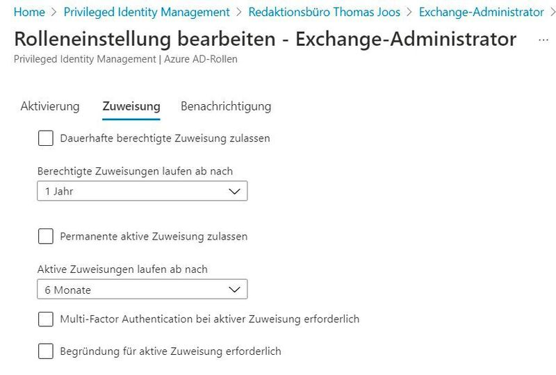 Bearbeiten der Zuweisungen in Azure AD Privileged Identity Management. (Joos)