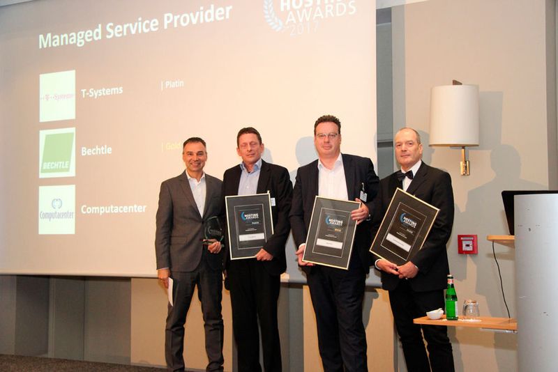 Die Gewinner der Kategorie „Managed Service Provider“: T-Systems (Roland Voelskow), Bechtle (Kai Ploner) und ComputaCenter (Reimer Huy). (Vogel IT-Akademie)