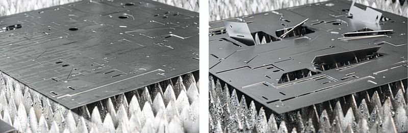 Mit dem Assistenten «TiltPrevention» perfekt laserschneiden: Alle Blechstücke verharren störkonturfrei in der Tischebene (links), herkömmliche Schneidstrategien können das nicht gewährleisten (rechts). (Bild: Bystronic)