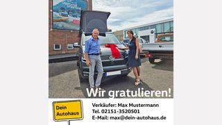 Mit der App „Car2Social“ lassen sich Fotos der Auslieferung mit Logo des Autohauses und Kontaktdaten des Verkäufers einfach über soziale Netzwerke verbreiten. (Bild: Carlead)