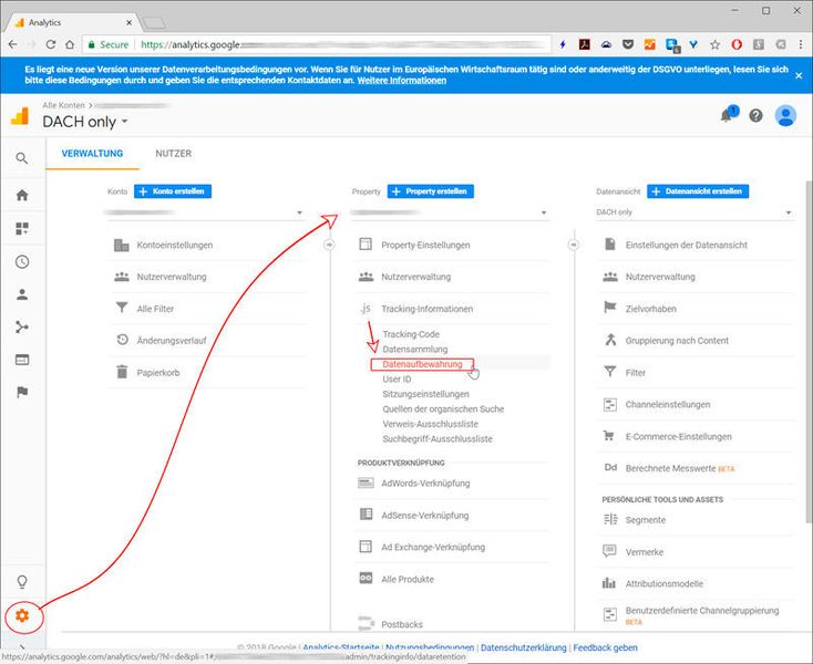 Zugriff auf neue Datenerhaltungskontrollen: Zur Einstellung der Optionen der Datenerhaltungskontrollen gilt es, im Bereich „Verwaltung“ von Google Analytics in der Spalte „Property“ den Eintrag „Tracking-Informationen“ aufzuklappen und darin zum Abschnitt „Datenaufbewahrung“ zu wechseln.  (Martins/Kobylinska)