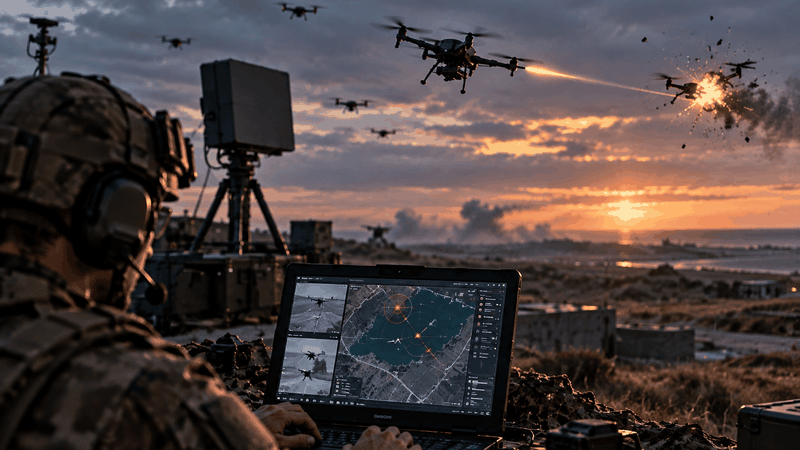 Intelic's AI-supported command-and-control system Nexus can integrate sensors and interceptor drones to counter aerial threats (Illustration).(Picture:  AI generated)