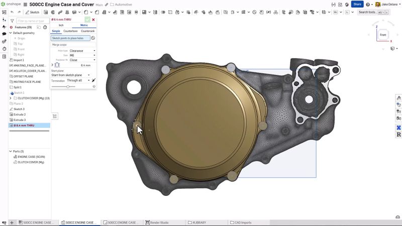 Onshape-Mixed Modeling:  Ein Ingenieur verfeinert in Onshape ein mechanisches Bauteil mithilfe hybrider Modellierungswerkzeuge, indem er importierte Mesh-Scandaten mit präzisen parametrischen CAD-Features kombiniert – für eine schnelle Modifizierung des Teils und eine produktionsreife Geometrie.(Bild:  PTC)