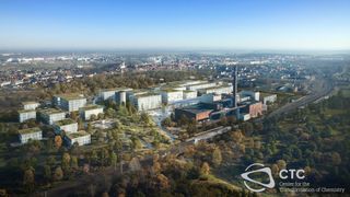 Das Bild zeigt die Visualisierung des Entwurfskonzepts zur Etablierung des CTC auf dem Gelände der ehemaligen Zuckerfabrik in Delitzsch. (Bild: HDR GmbH)