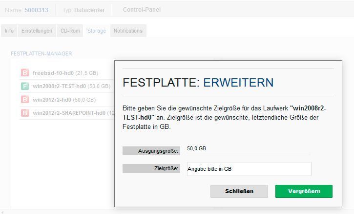 Abbildung 2: Auch virtuelle Festplatten kann der Administrator im virtualisierten Rechenzentrum erweitern. (Bild: Schlede/Bär/Kamp)