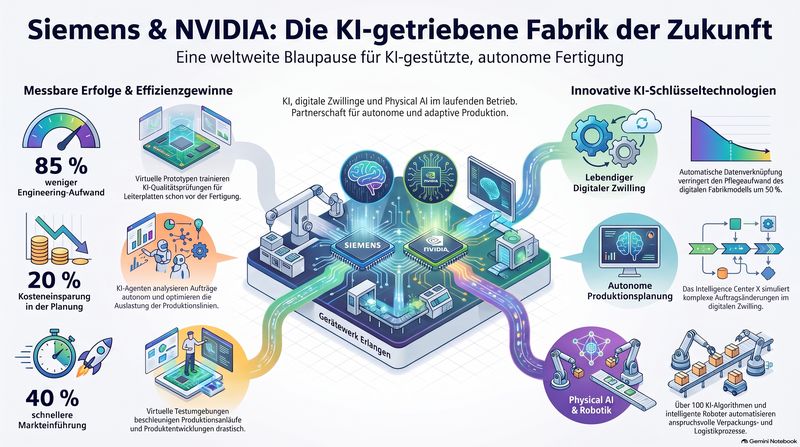 Das Siemens-Elektronikwerk in Erlangen wird durch die Partnerschaft mit Nvidia zur autonomen Fabrik. (Bild: KI-generiert)