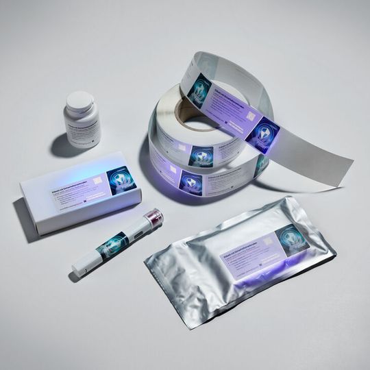 Erst unter UV-Licht sind die verdeckten Sicherheitsmerkmale auf den Etiketten, wie unsichtbare Texte, variable Daten, Codes und Symbole, lesbar.  (Bild:  August Faller GmbH & Co. KG)