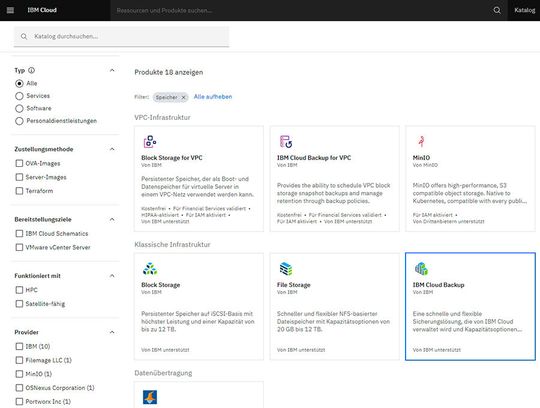 Einrichten von IBM Cloud Backup in der IBM-Cloud-Konsole, zusammen mit anderen Diensten, die IBM zur Verfügung stellt.(Bild:  Joos - IBM)