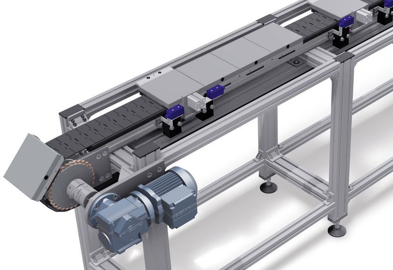 Das staufähige Palettenumlaufsystem SPU 2040 ermöglicht das dynamische Puffern und Vereinzeln von Werkstückträgern.  (Maschinenbau Kitz )