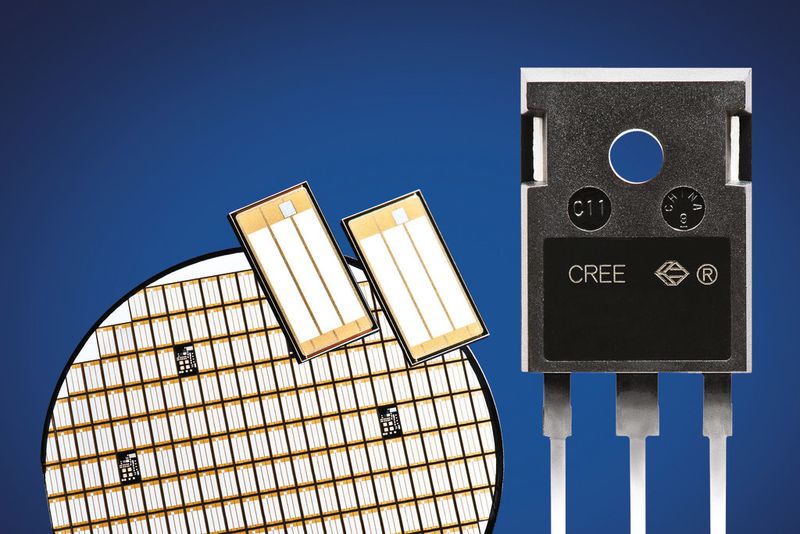 1991: CREE fertigte den weltweit ersten kommerziellen SiC-Wafer. SiC wurde größtenteils als wirtschaftlich unrentable High-Power-Technologie angesehen und deshalb dauerte es lange, bis die Technologie die verdiente Anerkennung erreichte. Bas Bild zeigt Wafer und Bauteil aus aktueller Produktion. (CREE)