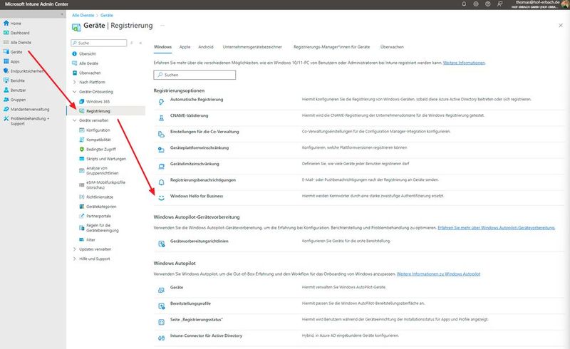 Das Intune Admin Center im Mandanten HOF ERBACH GMBH zeigt denselben Weg über 