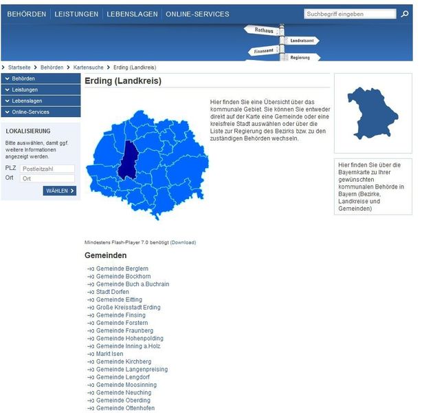 Auch der Kontakt zu den Behörden steht auf Seite eins; über die „Kartensuche“ lassen sich die kommunalen Behörden finden. (Bild: Bayerisches Staatsministerium des Innern)