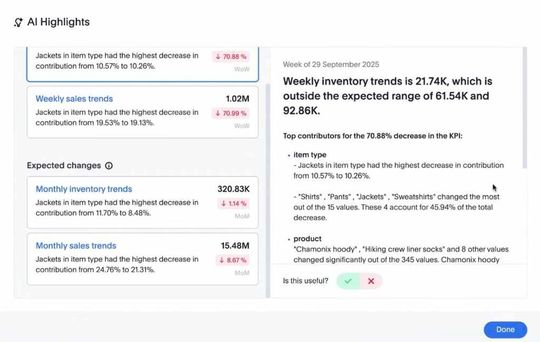 Diese Seite zeigt die „AI Highlights“: links eine Zusammenfassung der Geschäftsergebnisse als IST- SOLL-Vergleich. Die Prozentzahlen sprechen Bände. Rechts wird ein Detail für eine Woche angezeigt.(Bild:  ThoughtSpot)