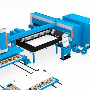 Anlagenkonzept einer Stanz-Scher-Maschine von Prima Power. Wie der Hersteller betont, erreiche sie beim Nibbeln eine bisher nicht machbare Hubgeschwindigkeit von 3.100 Hüben pro Minute.(Bild:  Prima Power)