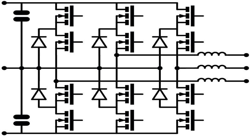 Bild 3: In Wechselrichtern für industrielle Hochleistungsanwendungen kommt häufig die dreiphasige I-NPC-Schaltungsanordnung zum Einsatz.