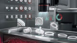 Industrielles Bildverarbeitungssystem prüft weiße Reinigungsgüter wie Stopfen, Filter und Dichtungen auf Partikel, Rückstände und Strukturabweichungen. (Bild: Octum GmbH)