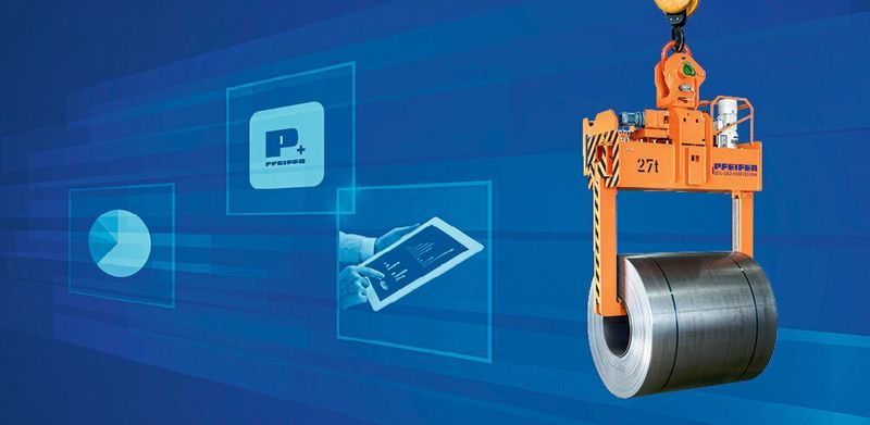 Das Pfeifer-P-Plus-System erfasst neben weiteren Umgebungsbedingungen an Coilzangen die Lastspiele sowie das ungefähre Gewicht der gehobenen Last und setzt diese Daten mit einem hinterlegten Algorithmus ins Verhältnis. Pfeifer berechnet daraus die wirkliche Belastung, die auf das System wirkt, und gibt dem Anwender Informationen über erforder­liche Wartung, Instand­haltung und die genaue Restlebensdauer des Systems. (Pfeifer)
