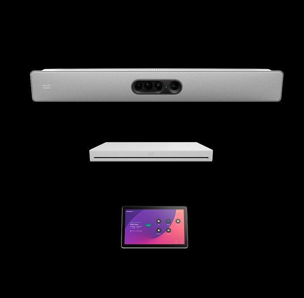 Das Cisco Room Kit EQ Kit umfasst drei grundlegende Endgeräte. Es gibt aber auch größere Ausführungen, die einen ganzen Konferenzraum umfassen können. (Bild: © Cisco / Matzer)