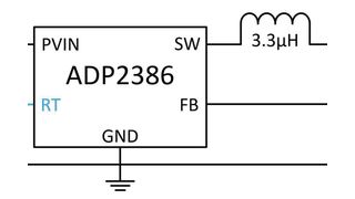 Bild 1:  Der Abwärtswandler ADP2386 mit über den Widerstand RT eingestellter Schaltfrequenz.  (Bild: Analog Devices)
