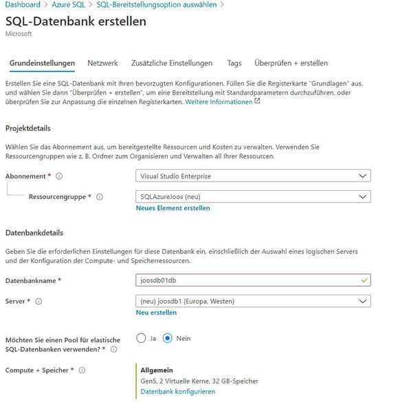 Tipp 1: Grundeinstellungen beim Erstellen einer neuen Azure SQL-Datenbank. (Joos)