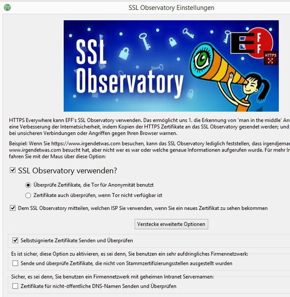 Abbildung 5: Über die Einstellungen oben rechts rufen Sie auch die SSL Observatory Einstellungen auf. Hierbei werden die Zertifikate von SSL-Verbindungen noch einmal gesondert geprüft, das gilt auch für die TOR-Sicherheitszertifikate. (Bild: Joos)