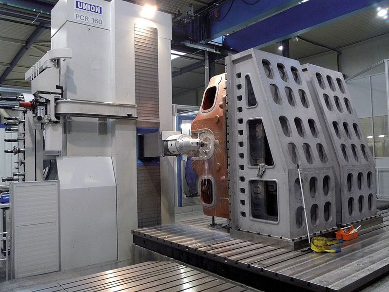 Bearbeitung eines Kurbelgehäuses für eine Verdichteranlage auf einer horizontalen Bohr-und-Fräs-Maschine. Bild: Union Werkzeugmaschinen (Archiv: Vogel Business Media)