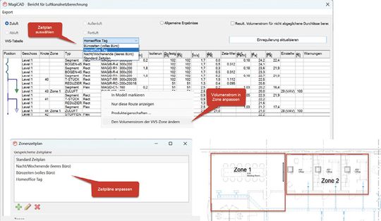 (VVS-Lüftungssysteme (variabler Volumenstrom) passen die Luftmenge von Luftkanalnetzen an den tatsächlichen Bedarf an. Bild: MagiCAD)
