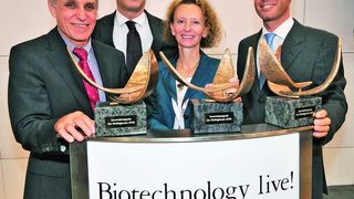 Die Preisträger v.l.n.r: Prof. Dr. Hugo A. Katus, PD Dr. Andrew Remppis, Prof. Dr. Lisa Wiesmüller und Dr. Héctor P. Saavedra.  (Bild: Deutsche Messe)