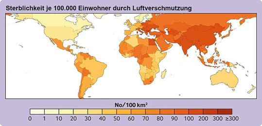 Die Grafik zeigt die der Luftverschmutzung zuzuschreibende Sterblichkeit je 100.000 Einwohner von 200 (dunkel) pro Jahr.   (von Jos Lelieveld, Andy Haines, Richard Burnett, Cathryn Tonne, Klaus Klingmüller, Thomas Münzel, Andrea Pozzer: Fossil fuel-attributable air pollution deaths)(Bild:  Lelieveld et al.; DOI: 10.1136/bmj-2023-077784)