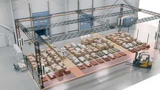 Seilroboter für die Palettierung nach der Containerentladung. Das System bedient viele Zielpalettenplätze und ermöglicht die Palettierung und Sortierung in einem Arbeitsschritt. (Bild: Red Cable Robots)