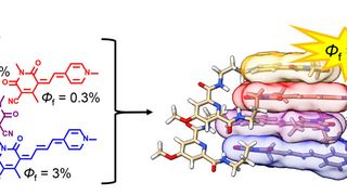 Die Strukturformeln der vier Merocyanin-Farbstoffe (links), die in gestapelter Anordnung (rechts) das neue Lichtsammelsystem URPB ergeben.
 (Bild: Alexander Schulz - Universität Würzburg)