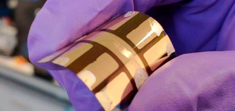 The flexible organic solar module that has been developed at Swansea University. It can be printed directly onto a flexible base, making it cheaper to manufacture and suitable for more applications than existing solar cells.  (Swansea University)