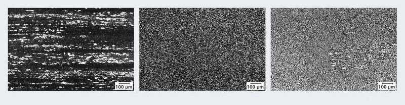 Bild 5: Carbidverteilung beim Stahl X153CrMoV12. Im Vergleich zum Blockguss (a) wird beim Sprühkompaktieren (b) eine homogene Verteilung erreicht, trotz größerer Carbide als bei der Pulvermetallurgie (c). (Archiv: Vogel Business Media)