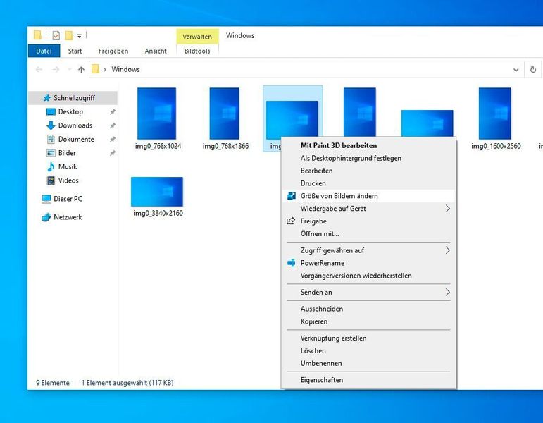 Größe von Bildern über das Kontextmenü anpassen. (Joos/Microsoft)
