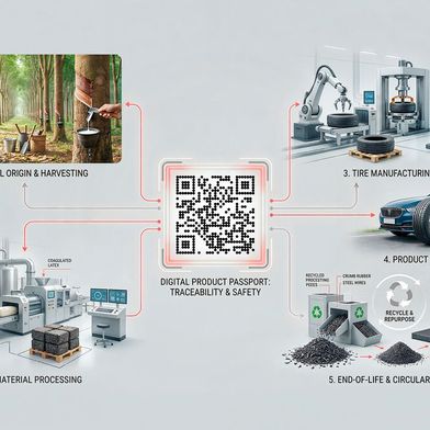 Der Digital Product Passport (DPP) macht den Lebenszyklus eines Autoreifens sichtbar – von der Kautschukgewinnung in der Natur über Herstellung und Nutzung bis hin zum Recycling. (Bild: Leibinger)