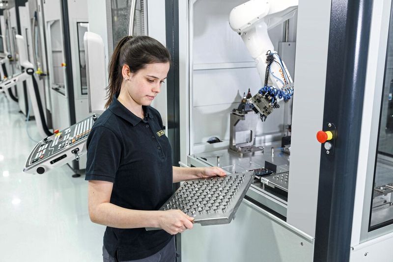 Luisa Baur, Anlagenbedienerin bei Paul Horn, begrüßt, wie intuitiv die roboterbasierten Anlagen zur Maschinenbeschickung zu bedienen sind und wie schnell sich damit Ergebnisse erreichen lassen. (Bild: Kuka)