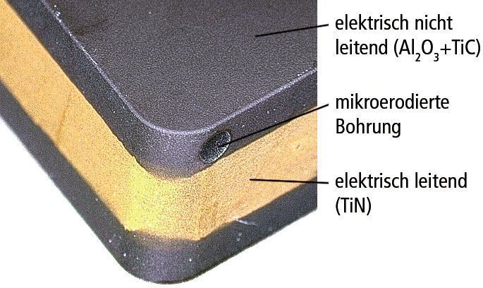 Bild 5: Fertigung einer Bohrung mit hohem Aspektverhältnis (Durchmesser 0,8 mm, Länge 12 mm) durch eine Wendeschneidplatte mit elektrisch nicht leitender Beschichtung. (Archiv: Vogel Business Media)