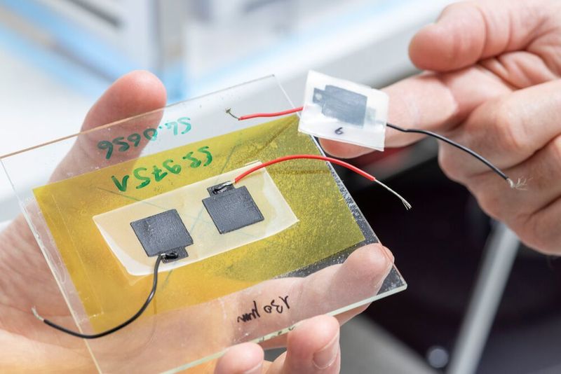 Die biologisch abbaubare Batterie besteht aus vier Schichten, die alle nacheinander aus einem 3D-Drucker fließen. Das Ganze wird dann wie ein Sandwich zusammengefaltet, mit dem Elektrolyten in der Mitte. (Gian Vaitl / Empa)